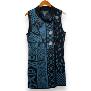 Icelandic Design Merino Wool Long Sweater Vest Teal Black Toggle Buttons Sz M